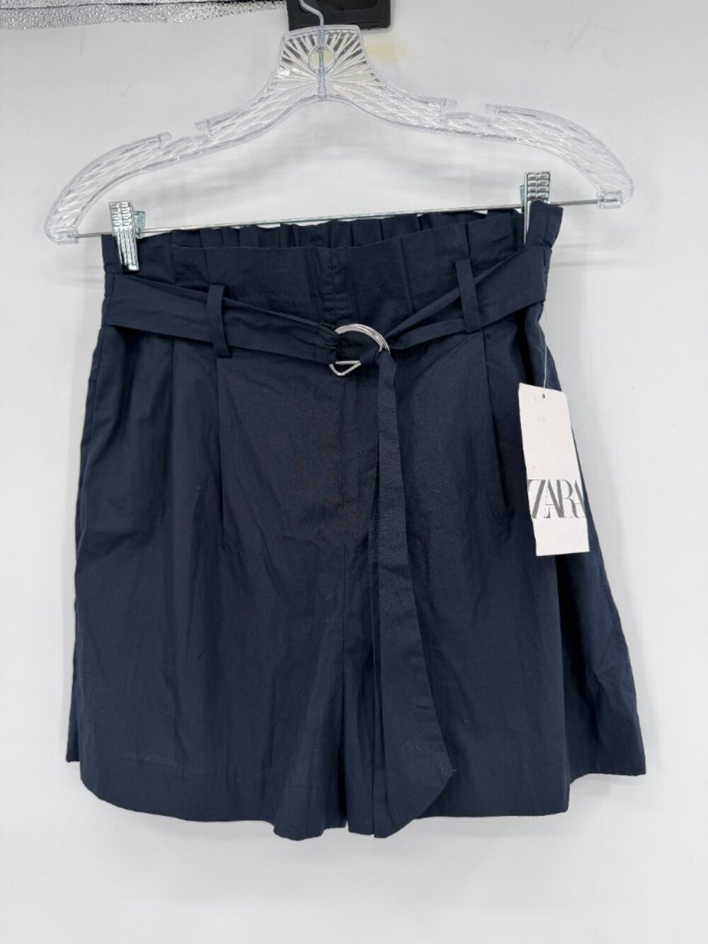 Zara Navy Paperbag Waist Belted Cotton Shorts Women's XS NWT Summer